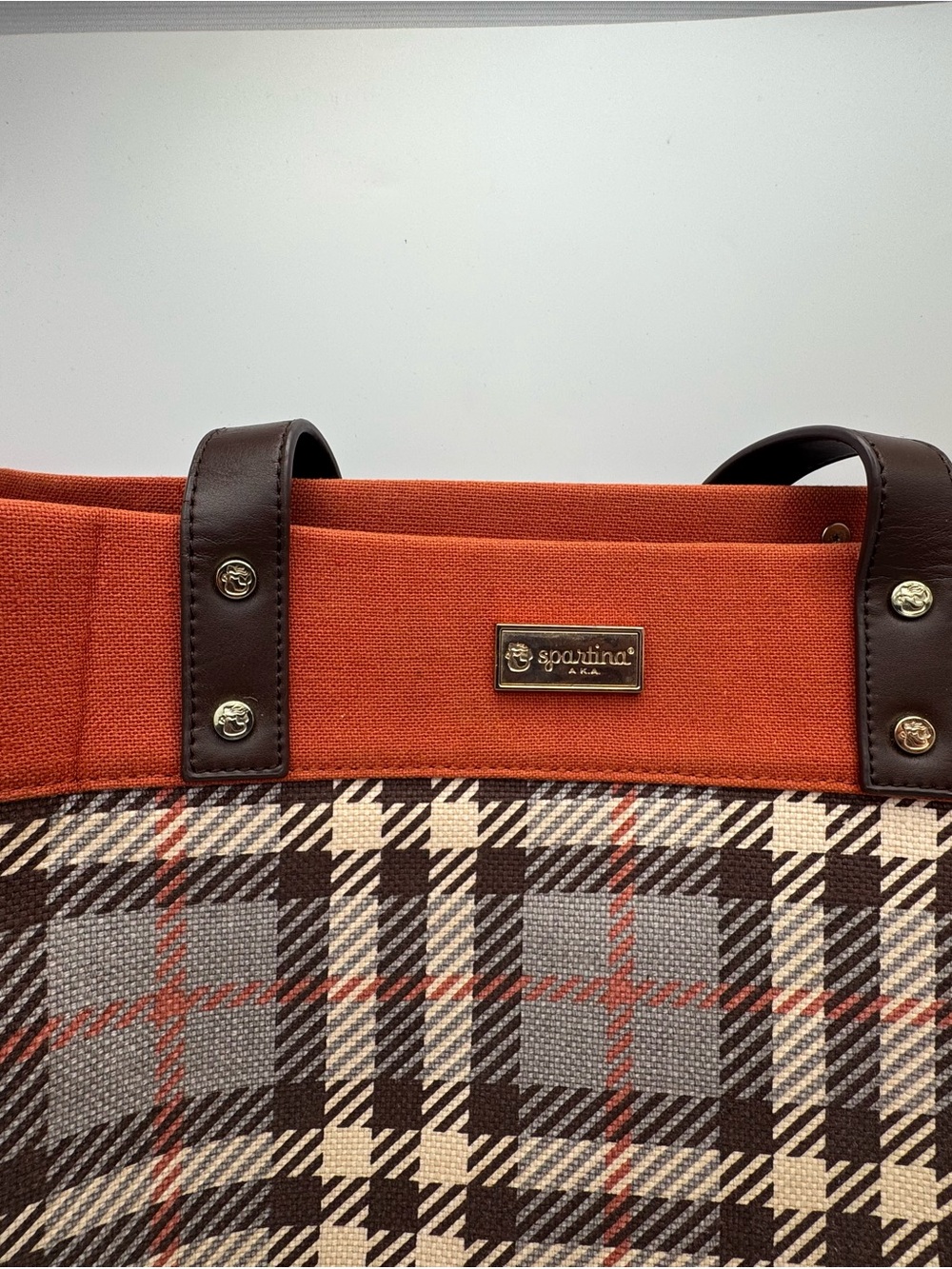 Spartina 449 Plaid Canvas Tote with Rust Trim - Picture 3 of 6